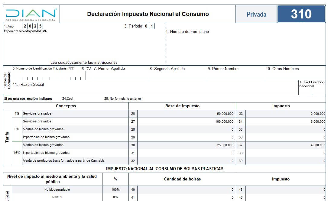 [Liquidador] Plantilla en Excel del formulario 310 AG 2025: declaración del impuesto nacional al consumo –INC–