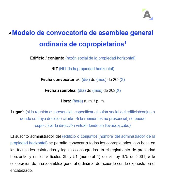 Modelo de convocatoria a asamblea general ordinaria de copropietarios