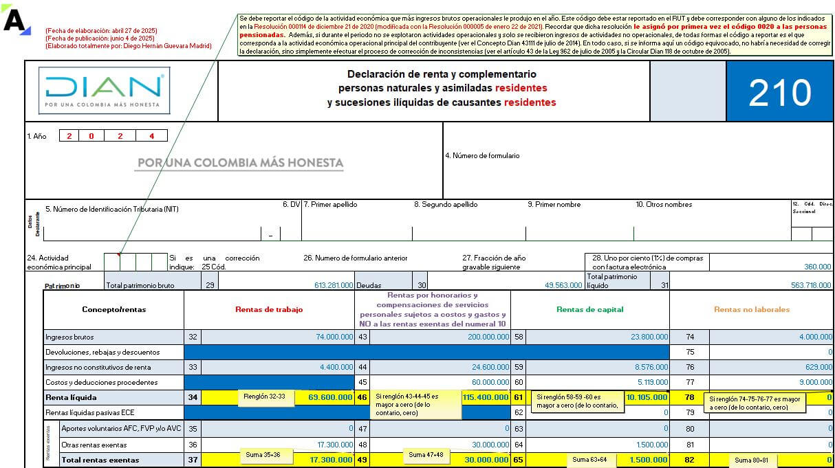 [Liquidador] Excel del formulario 210 para la declaración de renta de personas naturales residentes que no llevan contabilidad AG 2024