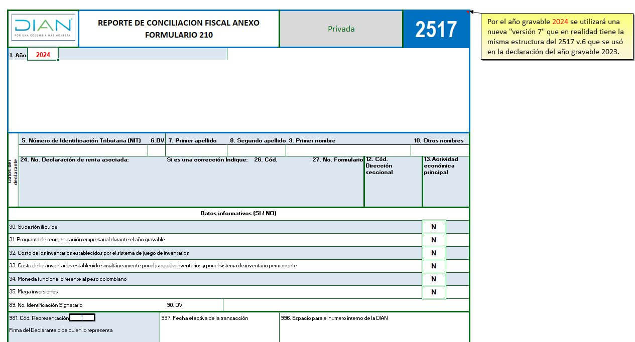 [Liquidador] Excel del formulario 210 y formato 2517 para la declaración de renta de personas naturales residentes que llevan contabilidad AG 2024