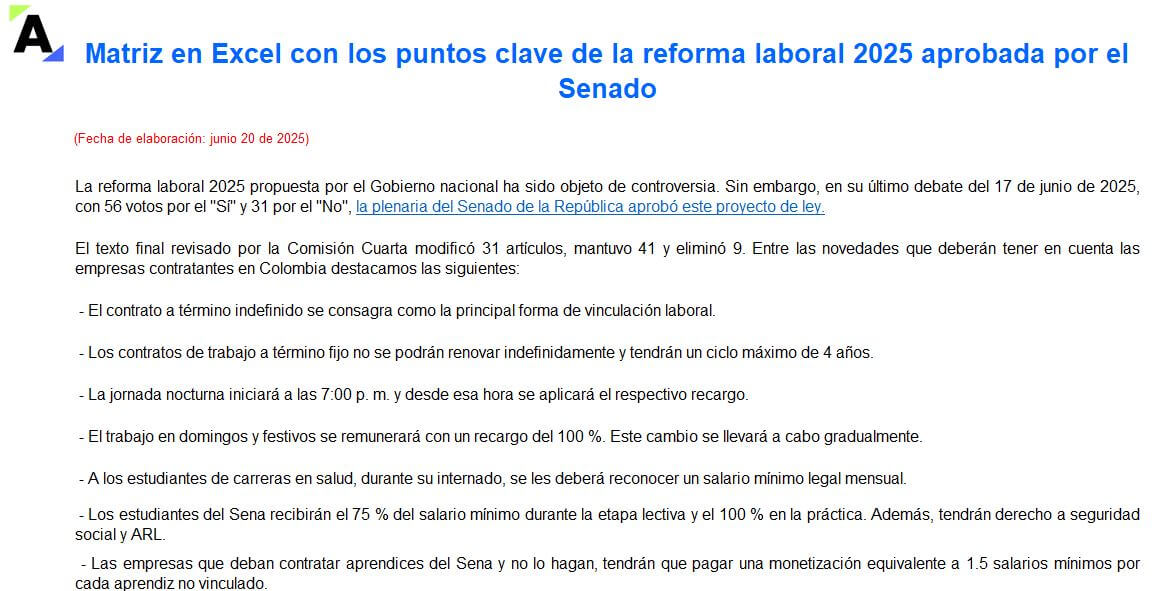 Matriz en Excel con los puntos clave de la reforma laboral 2025 aprobada por el Senado